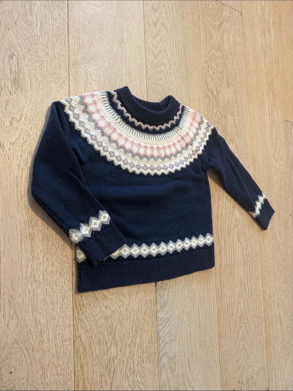 J. Crew Navy Fair Isle Yoke Kids Sweater with Pink and Cream Accents